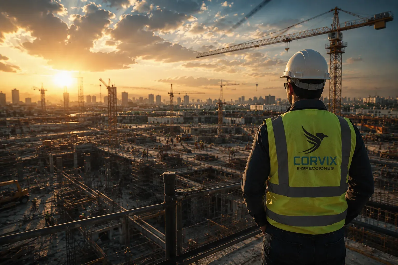 Inspector de Corvix supervisando un complejo de construcción industrial al atardecer